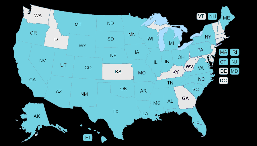 A map of the united states with each state labeled.