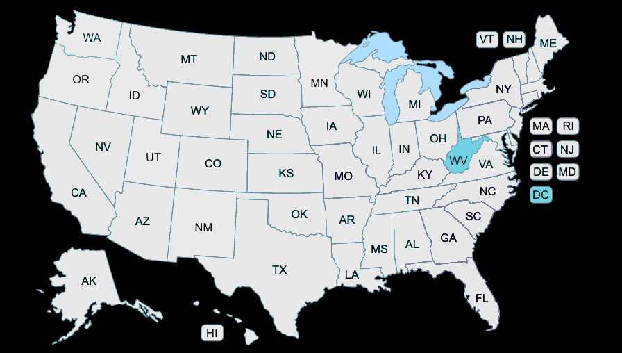 A map of the united states with each state labeled.