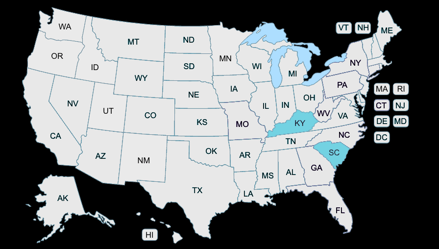 A map of the united states with each state labeled.