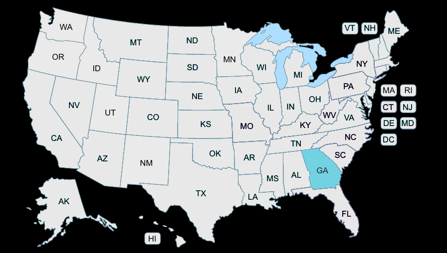 A map of the united states with each state labeled.